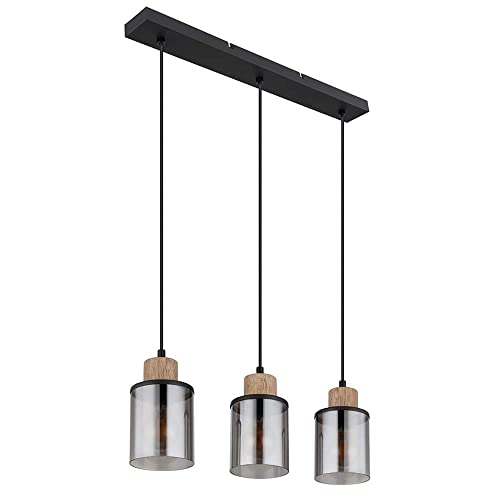 Pendellampe Esstischleuchte Hängelampe Wohnzimmer 3 flammig, Metall schwarz Holz braun Glas rauch, 3x E27, LxH 55x 120 cm von Globo