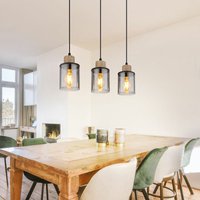 Pendellampe Esstischleuchte Hängelampe Wohnzimmer 3 flammig, Metall schwarz Holz braun Glas rauch, 3x E27, LxH 55x 120 cm von Globo