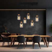 Pendellampe schwarz Esstischleuchte 4 flammig Rauchglas Hängeleuchte Holz Höhenverstellbar, Metall, 6x E27 Fassungen, LxBxH 62x18x120 cm von Globo