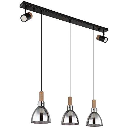 Pendellampe schwarz Hängeleuchte modern Esstischlampe, 5-flammig Spots schwenkbar Holzoptik, Metall Glas, rauch, GU10/E27 Fassung, LxBxH 95x16x120 cm von Globo