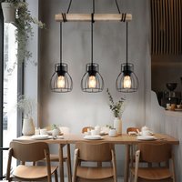 Pendelleuchte Vintage Hängelampe Holz Esstischlampe Retro Hängeleuchte mit Holzbalken, Metall schwarz, 3 x E27 Fassung, LxBxH 50x14x140 cm von Globo