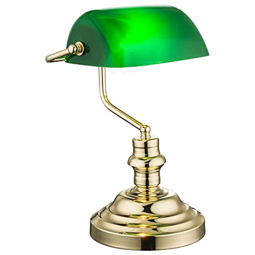 Schreibtischlampe Gold Retro Tischlampe Vintage Bankerlampe Grün Messing Nachttischlampe Metall Bankers Lamp Lampenschirm Stehlampe Acrylglas Höhe 36 cm von Globo