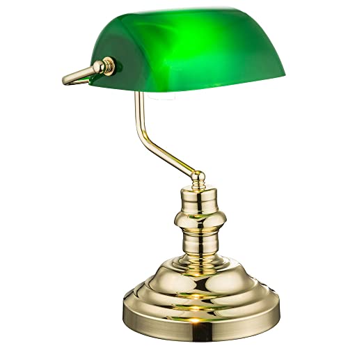Schreibtischlampe Gold Retro Tischlampe Vintage Bankerlampe Grün Messing Nachttischlampe Metall Bankers Lamp Lampenschirm Stehlampe Acrylglas Höhe 36 cm von GLOBO