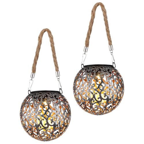 Solarlampe Hängeleuchte Gartendeko LED Garten rund Außenleuchte Tisch Pendellampe im Kugeldesign, Metall kupfer silber, 1x LED, DxH 12x26 cm, 2er Set von GLOBO