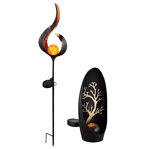 Solarleuchte Dekolampe Außenleuchte Solar Stecklampe Gartenlampe Solar, Metall Glas, 1x Flamme, 1x Baummuster, LED Leuchtmittel, 2er Set Solarleuchte Dekolampe Außenleuchte Solar Stecklampe Gartenlampe Solar, Metall Glas, 1x Flamme, 1x Baummuster, LED Leuchtmittel, 2er Set von GLOBO