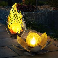 Solarleuchte Flammen Design Außen Solarblume Aussen Lotusblume Solar Crackle Glas, grau, LED Leuchtmittel, 1x Lotusblume 1x Flammen Design, 2er Set von Globo