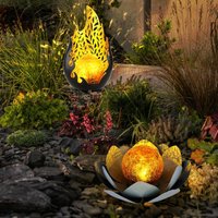 Solarleuchte Flammen Design Außen Solarblume Aussen Lotusblume Solar Crackle Glas, grau, led Leuchtmittel, 1x Lotusblume 1x Flammen Design, 2er Set von Globo