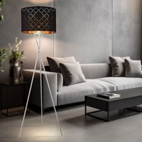 Stehlampe Textilschirm schwarz gold Beistellleuchte 3 Bein Stativleuchte Textil, Nickel matt, E27 Fassung, DxH 62x158 cm von Globo