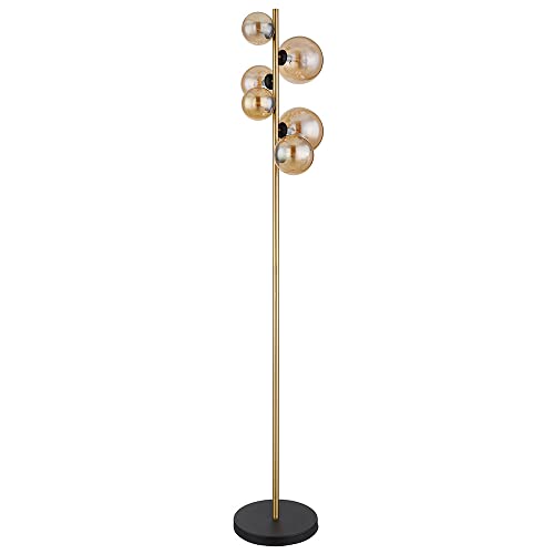 Stehlampe Wohnzimmer messing Industrial Stehleuchte Kugel amber LED Leselampe Stehlampe, Metall Glas, 6x LED 3,5W 350Lm warmweiß, H 155 cm von GLOBO