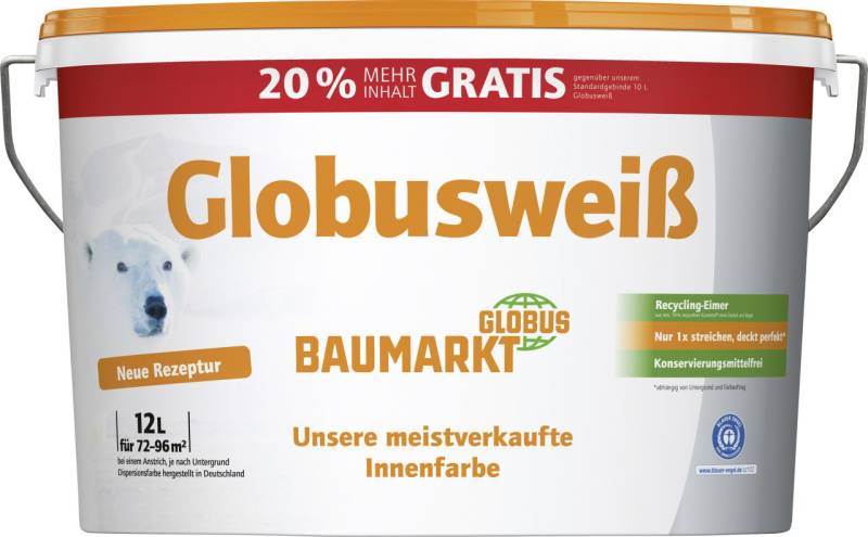 Globusweiß Wandfarbe weiß matt 12 L von Globus Baumarkt