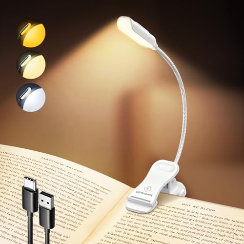 Glocusent Leselampe Buch Klemme, Wiederaufladbare Buchlampe mit 10 LEDs, 3 Farben & 3 Helligkeiten, Lange Laufzeit Klemmlampe bis zu 80 Stunden, 360° Flexibel Klemmleuchte für Nachtlesen von Glocusent