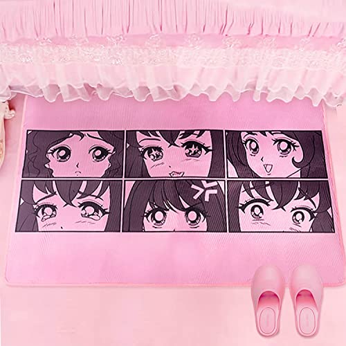 Glopastel Anime-Augen-Teppich, niedlicher Kawaii-Teppich für Kinder, rechteckig, maschinenwaschbar, Happy Girl Expressions Design (Rosa-Grau, 78 x 129 cm) von Glopastel