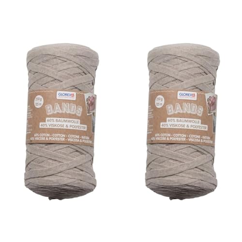 GLOREX 5 1005 04 - Bands Makramee, superweiches Textilgarn aus 60% Baumwolle / 40% Viskose, zum Häkeln, Stricken, Knüpfen und textilen Gestalten, 250 g, ca. 125 m, taupe (Packung mit 2) von Glorex