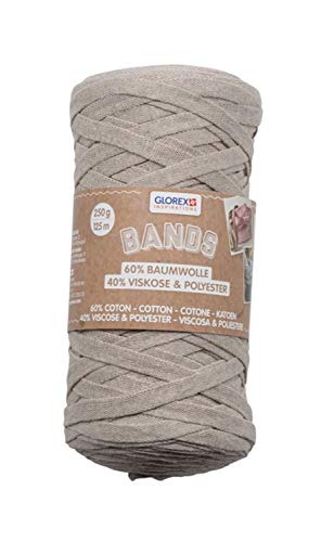 GLOREX 5 1005 04 - Bands Makramee, superweiches Textilgarn aus 60 % Baumwolle / 40 % Viskose, zum Häkeln, Stricken, Knüpfen und textilen Gestalten, 250 g, ca. 125 m, taupe von Glorex