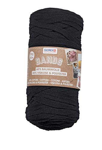 GLOREX 5 1005 06 - Bands Makramee, superweiches Textilgarn aus 60 % Baumwolle / 40 % Viskose, zum Häkeln, Stricken, Knüpfen und textilen Gestalten, 250 g, ca. 125 m, schwarz von Glorex