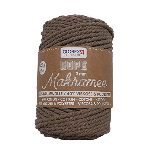 GLOREX 5 1007 03 - Makramee Rope 3 mm, superweiches Textilgarn aus 60 % Baumwolle / 40 % Viskose, zum Häkeln, Stricken, Knüpfen und textilen Gestalten, 250 g, ca. 63 m, gedreht hellbraun von Glorex