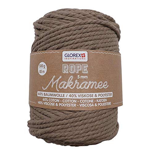 GLOREX 5 1007 13 - Makramee Rope 5 mm, superweiches Textilgarn aus 60 % Baumwolle / 40 % Viskose, zum Häkeln, Stricken, Knüpfen und textilen Gestalten, 500 g, ca. 85 m, gedreht hellbraun von Glorex