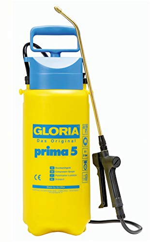 GLORIA Drucksprüher prima 5 | Gartenspritze/Sprühgerät für den Pflanzenschutz | 5 L Füllinhalt | Verstellbare Messingdüse, Gelb, Schwarz, Blau von Gloria