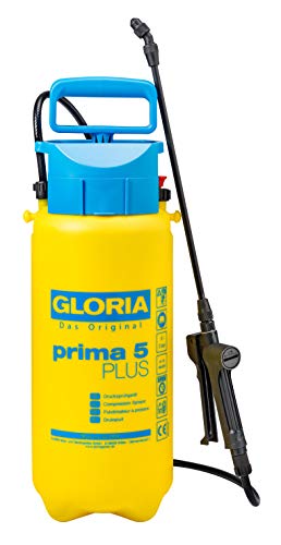 GLORIA Drucksprüher prima 5 PLUS | Gartenspritze | 5 L Füllinhalt | Zur Ausbringung von Essig/Essigessenz gegen Unkraut | 0,4 m Verlängerungslanze, gelb, blau von Gloria