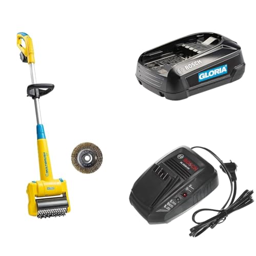GLORIA MultiBrush li-on – Akku-Komplett-Set mit 18V BOSCH Akku (2.5 Ah) & Schnellladegerät | Terrassenreiniger & Fugenbürste für Stein, Holz, Fugen & Rasenkanten | inkl. 2 Aufsätze von Gloria