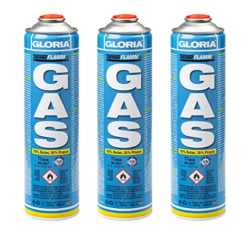 GLORIA Universal Gas-KARTUSCHEN 3 x 600ml | für Thermoflamm | Camping | Unkrautbrenner | Unkrautvernichter | Gaskocher | Gasbrenner | Abflammgerät | Universal-Druckgasdose | 70% Butan, 30% Propan von Gloria