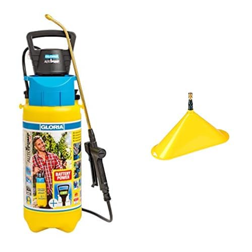 Gloria Drucksprüher AutoPump Set | Gartenspritze | 5 L Füllinhalt | Sprühgerät mit Batterie-/Akku-Betrieb & Sprühschirm Typ 270 | Zubehör für Gartenspritze | Spritzschirm |11,5 x 33,5 cm von Gloria