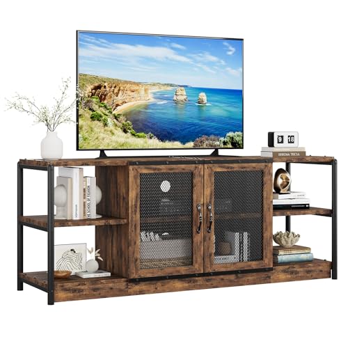 Tv-Schrank, Lowboard Für Fernseher Bis Zu 63 Zoll, Fernsehtisch Tv-Regal, Fernsehschrank Mit 2 Türen Fernsehschrank & 4 Fächern, Tv Board Metallgestell Wohnzimmerschränke, Eichenfarbe, 160x46x63.5 Cm von Glorlliant