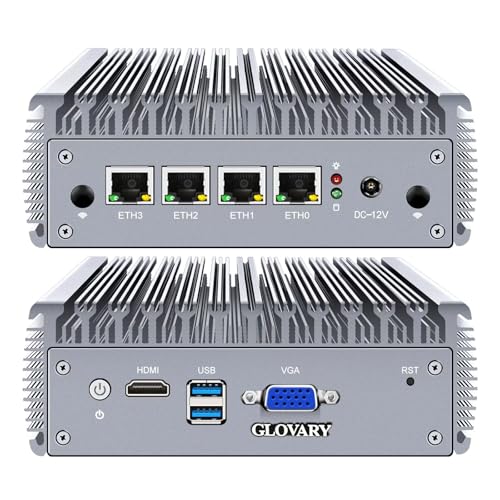 Glovary Mini PC Fanless J4125, 4 x i226V 2.5GbE LAN Firewall Micro Appliance, AES-NI OPNsense Hardware, DDR4L 16GB RAM 128GB SSD, HD + VGA Dual Display Router Computer, 2USB3.0 von Glovary