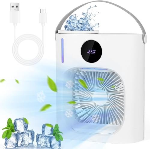 Glovios 4IN1 Mini Luftkühler,Mobile Klimageräte,Mini Klimaanlage mit Aromatherapie und Luftbefeuchter, USB Air Cooler,3 Windgeschwindigkeiten für Zuhause, Büro von Glovios