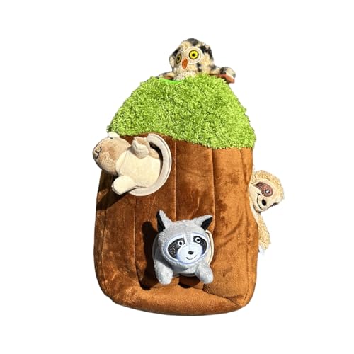 Glow Pups Hide and Seek Hundespielzeug, Interaktives Plüsch-Burrow-Spielzeug mit Quietscher für Welpen, Waldtiere im Rumpf, mentale Stimulation, mittelgroß, Braun (Waschbär, Eichhörnchen, Faultier von Glow Pups