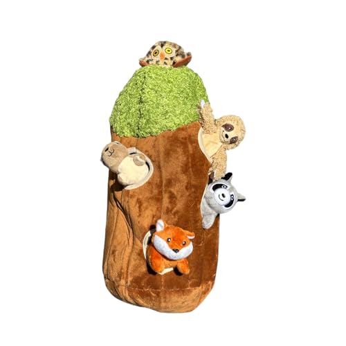 Glow Pups Hide and Seek Hundespielzeug, Interaktives Hundespielzeug-Bundle mit Quietsch-Plüsch-Waldtieren, Burrow Toys für Welpen, große Größe, brauner Plüschbaum mit 5 Tieren von Glow Pups
