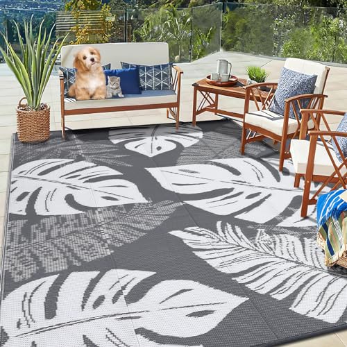 Wasserdichter Outdoor-Teppich für Terrasse, wendbarer Kunststoff-Strohteppich, Blumenmuster, Camping-Teppich mit Tragetasche, flecken- und UV-beständig, tragbarer Wohnmobil-Teppich für Wohnmobil, Deck von GlowSol