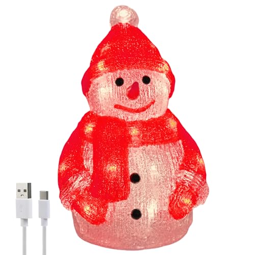 Gloworm YKL-1014 21 cm große Weihnachtsfigur aus Acryl beleuchteter Schneemann, 26 warmweiße LEDs 6-Stunden-Timer, Dual-Power USB oder Batterie: 3 x AA (Nicht im Lieferumfang enthalten), Innenbereich von Gloworm