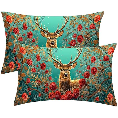 Kissenbezug 25 x 50 Blumen Hirsch Kopfkissenbezug 2er Set Sofakissen Leinen Kissenbezüge Rechteckig Dekokissen für Sofa Stühle Deko Wohnzimmer Modern Couchkissen Schlafzimmer Kissenhülle F-507 von Glslmznq
