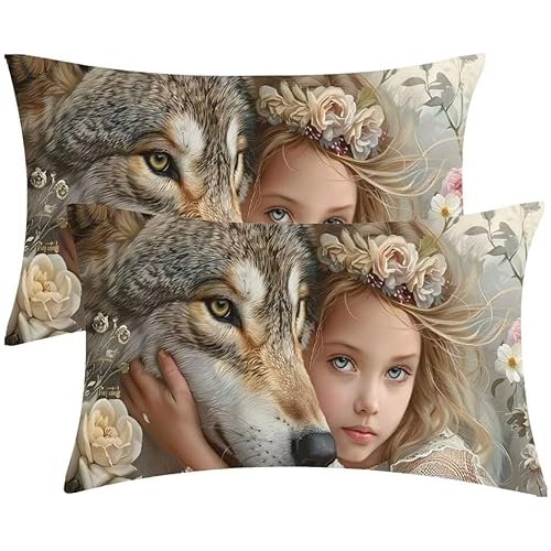 Kissenbezug 30 x 60 Mädchen Wolf Kopfkissenbezug 2er Set Sofakissen Samt Kissenbezüge Rechteckig Dekokissen für Sofa Stühle Deko Wohnzimmer Modern Couchkissen Schlafzimmer Kissenhülle, Geschenke F-798 von Glslmznq