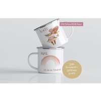 Schulkind Geschenk Zur Einschulung 2023, Emaille Tasse Mit Namen Zum Schulstart, Kindertasse Regenbogen Und Hasen Motiv von GlueckMeinKind
