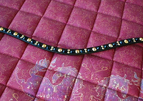 GlücksHucke Stirnriemen Pferd 'Black & Gold' mit Strass in Schwarz & Gold, geschwungen, schmal (Warmblut, Leder Schwarz) von GlücksHucke