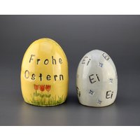 Osterei Keramik Getöpfert Stehend Frühling Deko Blau Gelb Tulpen Klein Tischdekoration Fenster Geschenk Groß Garten Balkonfrau Osterkörbchen von Gluecksfarbe