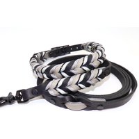 Hundehalsband Und Leine Aus Weichem Robustem Leder Geflochten Mit Paracord in Schwarz Grau | Modell „Shadow" von Glueckshund