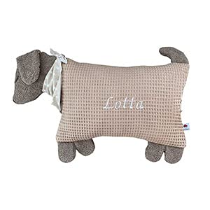 Glückspilz Kuscheltier-Kissen Babykissen I Kinder Tierkissen Hund I mit Namen Bestickt personalisierbar I Waffelpique I Sand von Glückspilz-Shop