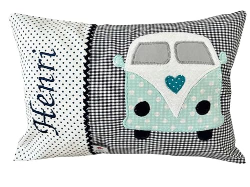 Glückspilz Namenskissen Babykissen I Auto VW Käfer I Kissen mit Namen personalisiert I Geschenk zu Geburt oder Geburtstag I Blau (40 x 60 cm) von Glückspilz-Shop