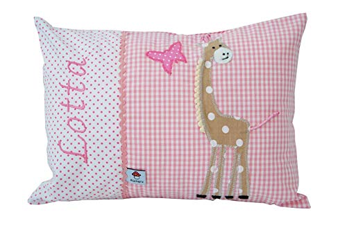 Glückspilz Namenskissen Babykissen I Giraffe I mit Namen personalisiert I Geschenk zu Geburt, Taufe oder Geburtstag (Rosa, 40 x 60 cm) von Glückspilz-Shop