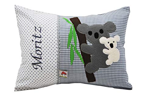 Glückspilz Namenskissen Babykissen I Koala I mit Namen personalisiert I Geschenk zu Geburt, Taufe oder Geburtstag I Grau I 30 x 45 cm von Glückspilz-Shop