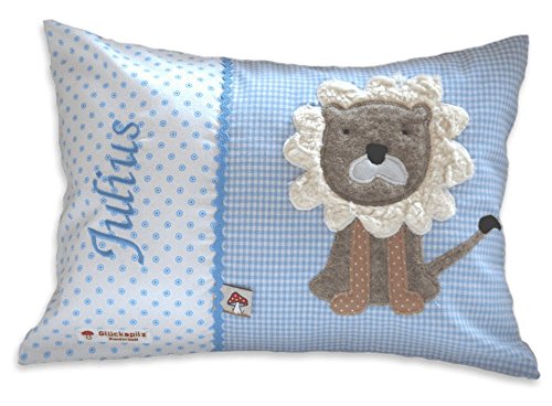 Glückspilz Namenskissen Babykissen I Löwe I Hellblau I 40 x 60 cm von Glückspilz-Shop