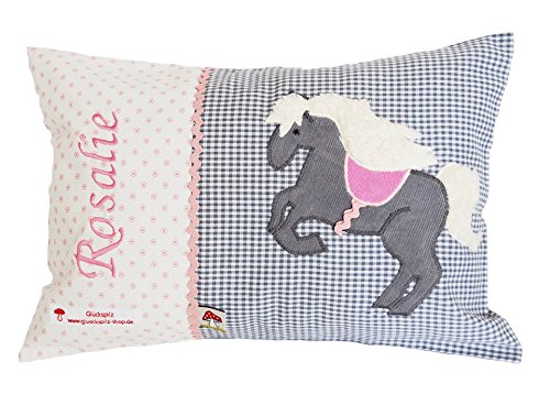 Glückspilz Namenskissen Babykissen I Pferd I mit Namen personalisiert I Geschenk zu Geburt, Taufe oder Geburtstag I Grau Rosa von Glückspilz-Shop