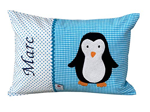 Glückspilz Namenskissen Babykissen I Pinguin I mit Namen personalisiert I Geschenk zu Geburt, Taufe oder Geburtstag I Türkis (25 x 35 cm) von Glückspilz-Shop