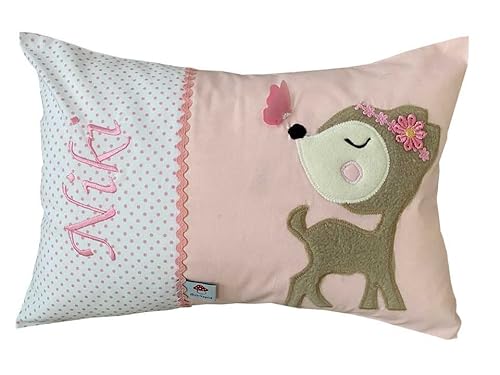Glückspilz Namenskissen Babykissen I REH Bambi I mit Namen personalisiert I Geschenk zu Geburt, Taufe oder Geburtstag I Rot Rosa (25 x 35 cm) von Glückspilz-Shop