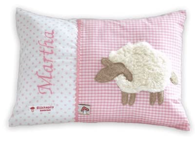 Glückspilz Namenskissen personalisiert, Babykissen mit Namen Bestickt, Schaf, Rosa, 40 x 60 cm von Glückspilz-Shop