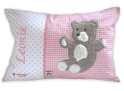 Glückspilz Namenskissen personalisiert, Babykissen mit Namen Bestickt, Teddybär, Rosa, 30 x 45 cm von Glückspilz-Shop