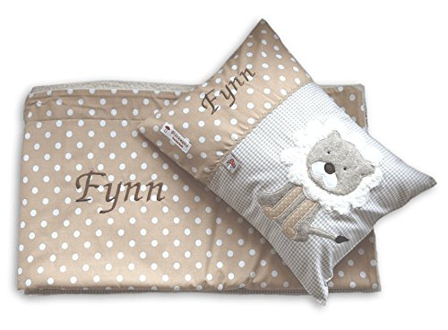 Glückspilz Set Babykissen und Decke mit Namen I Löwe I Beige von Glückspilz-Shop